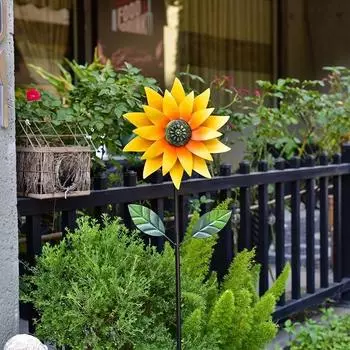 Sunflower Windmill Metal Rotating Sunflower Wind Spinner With Stake Standing Lawn Flower Pinwheel Outdoor Garden Decor Orange Yellow