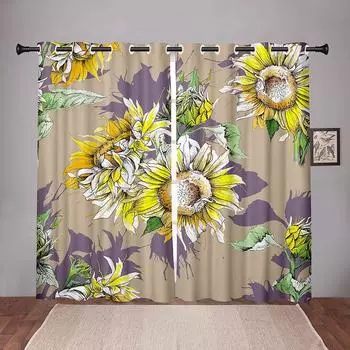 Sunflowers Plant Colorful Blackout Window Curtains for Kids Childrens Living Room Bedroom Bathroom Kicthen Door 2Pieces Hooks W50 X H130(CM)X2&Hook
