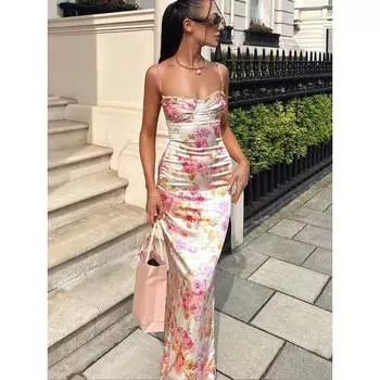 Suninheart Летние платья для вечеринок с цветочным принтом и бретельками, элегантное облегающее платье макси для гостей на свадьбу, новинка 2024 года S розовый
