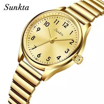 Sunkta Новые модные женские часы простые деловые водонепроницаемые женские кварцевые часы из нержавеющей стали белый/золотой