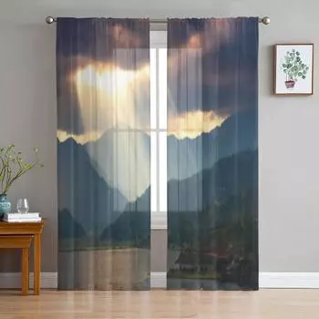 Sunlight Clouds Hills Lake Luxurious Chiffon Sheer Curtains for Living Room Bedroom Decoration Window Voiles Tulle Curtain 135W x 114H(cm)