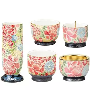 Sunmeni Japanese Modern Buddhist 5 Piece Set Authentic Arita Ware Made in Japan Stylish Flowers Candles Incense Tea Rice Buddhist altar Accessories
