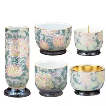 Sunmeny Japanese Modern Buddhist 5 Piece Set Authentic Arita Ware Made in Japan Stylish Flowers Candles Incense Tea Rice Buddhist altar Accessories