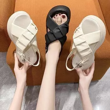 Sunmer 7CM Matsuke Sole Casual Beach Sandals for Women Shoe Broadband Crossover Platform Buckle Belt Sandal Black/Beige 34 бежевый