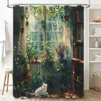 Sunny Bathroom Decor with Cat and Plants Shower Curtain - Artistic and Refreshing Home Decor for Stylish Home Upgrade Easy-Clean 90X180cm(35x70in)