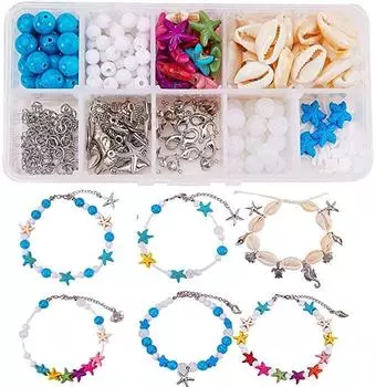 SUNNYCLUE из 1 набора из 6 видов бирюзовых бусин в виде морской звезды, морской черепахи, частей гиппокампа морской черепахи, бусин из ракушек, подвески из сплава, бирюзовый камень