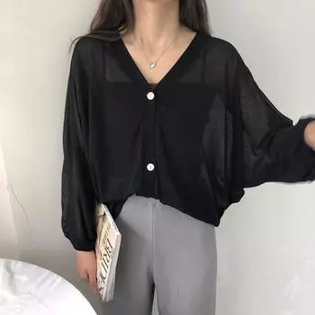 Sunscreen knitted cardigan women s spring summer new long-sleeved V-neck thin jacket small shirt loose short top average size