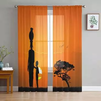 Sunset African Woman Child Tree Silhouettes Tulle Sheer Curtains for Living Room Bedroom Window Curtain Voile Organza Drapes W135 x H115cm x1&Rod Pocket