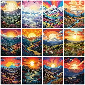 Sunset Diamond Embroidery Mountain Landscape Rhinestones Picture Painting River DIY Mosaic New Arrival Wall Decor Full Round 20x30CM