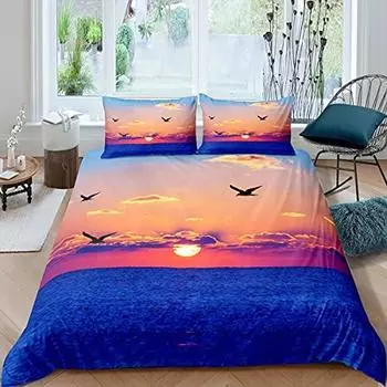 Пододеяльник Закат, Комплект постельного белья 3 предмета Тропический океан для детей и подростков, Чехол для одеяла с природным пейзажем, Мягкий чехол для квилта, Декор комнаты US Queen(228x228cm)