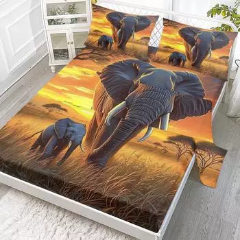 Sunset Mother And Son Elephant 4-Piece Set, Gentle And Wild African Grassland, Suitable For Bedroom (Family, Decoration) 99cmx199cm