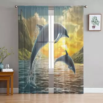 Sunset Sea Animals Dolphins Window Treatment Tulle Modern Sheer Curtains for Kitchen Living Room the Bedroom Curtains Decoration W135 x H114cm