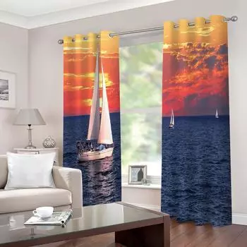 Sunset Sea Sail Theme Room Decoration Shade Cloth Landscape Series Living Room Bedroom Balcony Home Decoration Curtains 100W130H(CM)40x51in&Hook