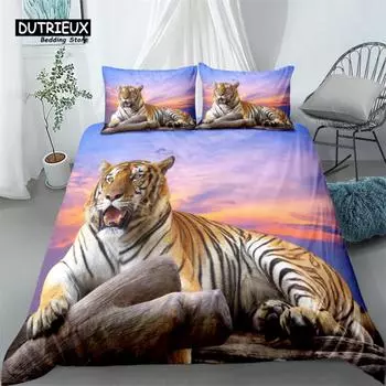 Sunset Tiger 3d Duvet Cover Set, Fashion Bedding Set, Soft Comfortable Breathable Duvet Cover, For Bedroom Guest Room Decor EU single(135x200cm)