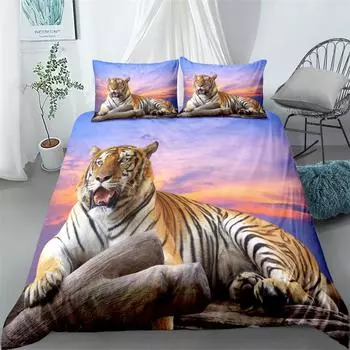 Sunset Tiger 3d Duvet Cover Set King Queen Double Full Twin Single Size Bed Linen Set EU single(135x200cm)