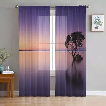 Sunset Tree Water Silhouette Curtain Window Tulle For Living Room Bedroom The Kitchen Window Treatment Decorations Curtains W135 x H114cm