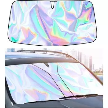 Sunshade Car Front Windshield Titanium Silver Sun Shade Iridescent Foldable Sun Shield Cover Block UV Rays Reflector Shield Large 145x80cm 1-pack