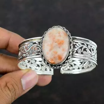 Sunstone Bangle Natural Gemstone Cuff Bracelet Handmade Bangle 925 Sterling Silver Adjustable Cuff Bracelet Sunstone Silver Jewelry For Gift