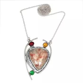 Sunstone Citrine Gemstone Mother s Day Antique Silver Jewelry Necklace 20 in