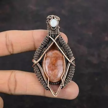 Sunstone Gemstone Copper Pendant Wire Wrapped Pendant Rainbow Moonstone Handmade Pendant Anniversary Gift Wire Wrapping Sunstone Jewelry
