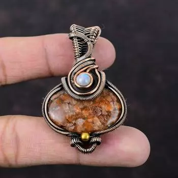 Подвеска из драгоценного камня Sunstone, подвеска из медной проволоки, подвеска из радужного лунного камня, ручная работа, медные украшения, подарок для женщин, ювелирные изделия из проволоки