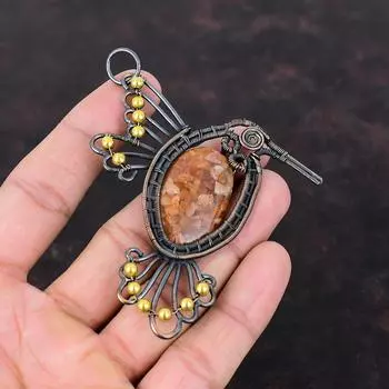 Sunstone Pendant Copper Wire Wrapped Pendant Handmade Pendant Dainty Bird Pendant Gemstone Copper Jewelry Gift For Him Wire Wrapping Jewelry