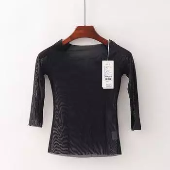 [Suo] Mall Brand Discount Women Stretch Slim fit Five-Quarter Sleeve Tulle Perspective Dance Yoga T-shirt 4x034 Black S/155