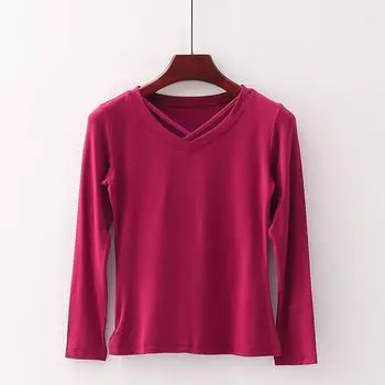 [Suo] Shopping Mall Brand Discount Women s V Neck High Elasticity Slim-Fit Ice Silk Dancing Yoga Long Sleeve T-shirt 4y147 Wine Red S/155