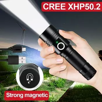 Супер 4000LM XHP50 светодиодный фонарик, сверхмощная вспышка, USB аккумуляторная лампа, фонарь для кемпинга, магнит, рабочая лампа Without battery,charger чёрный