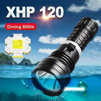 Супер 8000LM XHP120 светодиодный фонарик для дайвинга, ультра яркий подводный светильник, мощный фонарь для подводного плавания, IPX8, водонепроницаемый фонарь для дайвинга without battery чёрный