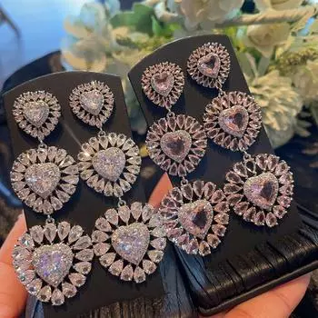 Супер-блестящие драгоценные камни роскошные трехслойные серьги Heart-To-Heart Love женские длинные круглые тонкие высококачественные микро-закрепки розовый