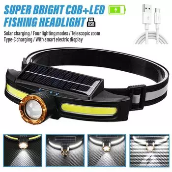 Super bright LED+COB fishing headlamp Rechargeable flashlight With intelligent electric display With a variety of lighting modes black