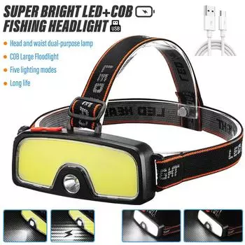 Super Bright LED COB Fishing Headlamp Rechargeable Flashlight Outdoor Searchlight Portable Work Light with COB Large Floodlight