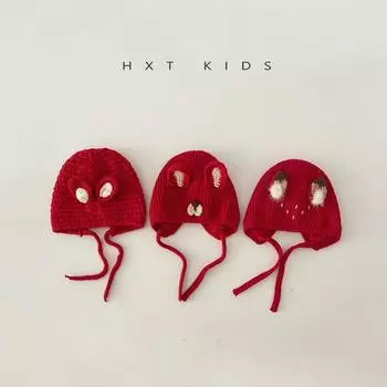 Super cute red new year baby hat autumn and winter infant baby lace up warm New Year s knitted hat winter