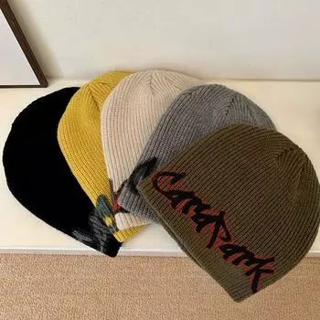 Супер дизайн американская граффити вязаная шапка модная шерстяная шапка женская осенне-зимняя высокая эластичная головной убор уличное шоу маленькое лицо M56-58cm жёлтый