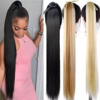 Супер длинный прямой синтетический зажим для наращивания волос, парик с хвостиком 45cm