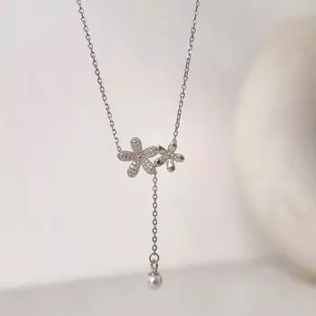 Super Fairy Full Diamond Flower Necklace Temperament Pearl Tassel Collarbone Chain French Retro Light Luxury