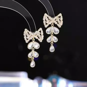 Супер фея бант циркон серьги гвоздики женские серебряные иглы s925 длинные кисточки милые модные серьги золотой