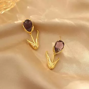 Супер Фея Милый Темперамент Серьги Модные Нишевые Высококлассные Серьги-Тюльпаны с Каплями Воды и Цирконом 18K