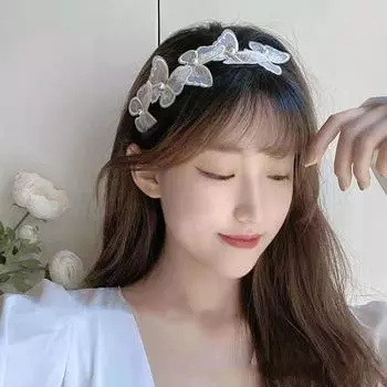 Супер фея, повязка на голову с жемчугом и бабочкой, чистая пряжа, повязка на голову с вышивкой, милые аксессуары для волос в форме сердца для девочек белый