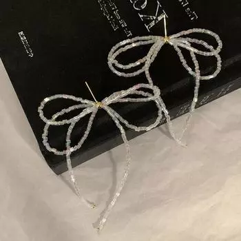 Супер Фея Прозрачные Кристаллические Серьги-гвоздики с бахромой в виде банта Женские Нишевые Индивидуальные Простые Универсальные Темпераментные Модные Серьги