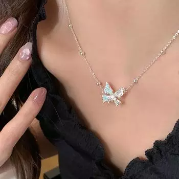 Супер Фея Жидкий Опал Бабочка Ожерелье Женское Милое Нежное Милое Личность Уникальная Универсальная Цепочка на Ключицу