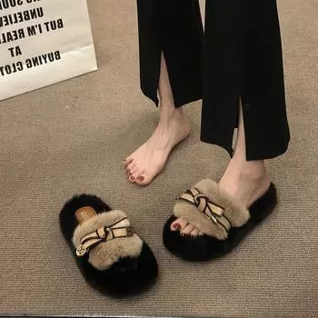 Super fire casual high-end fluffy slippers women s 2024 autumn and winter new outer wear thick-soled heightening one-word cotton slippers 35 чёрный