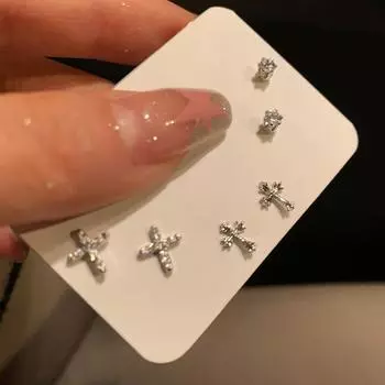 Super Flash Cross Best Selling Elegant Fashion Trending Ear Studs Silver Cross 6 piece set