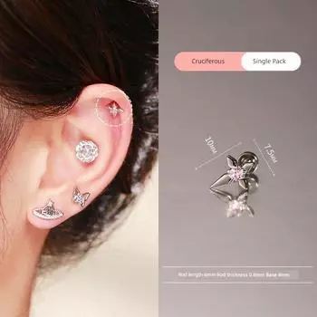 Super Flash Zircon Rose Cut Stud Earrings Titanium Steel High Otica Ear Ear Bone Pin Ear-Caring Removal-Free before Sleep Earrings for Women [Cruciferous (single)] 0.8mm thick rod 6mm long