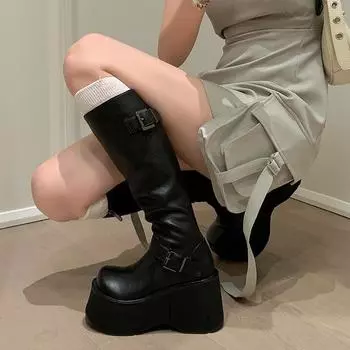 Super high heel round head long tube knight boots 2024 new thick sole but knee long boots women s waterproof table elastic thin boots 34 чёрный