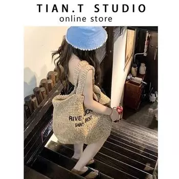 Super Hot Large Capacity Tote Straw Woven Bag Female 2025 New Arrival Summer One Shoulder Woven Bag Seaside Vacation Beach Bag Khaki Plus Purchase Enjoy Priority Delivery