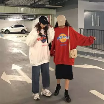 Super Hot Round Neck Sweatshirt for Women s Autumn New Thin Coat Korean Style Tide Harajuku BF Student Loose Top M белый