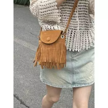 Super Hot Tassel Retro Suede Frosted Phone Bag Khaki