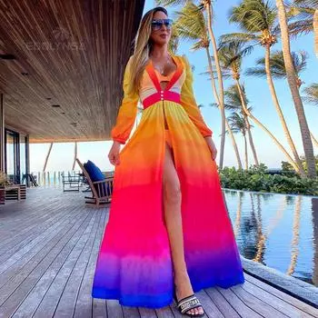 Супер качество, удобная ткань, не мнется, неоновые оттенки, шифоновая туника, сексуальное пляжное платье, женская пляжная одежда, купальный костюм, накидка One Size разноцветный